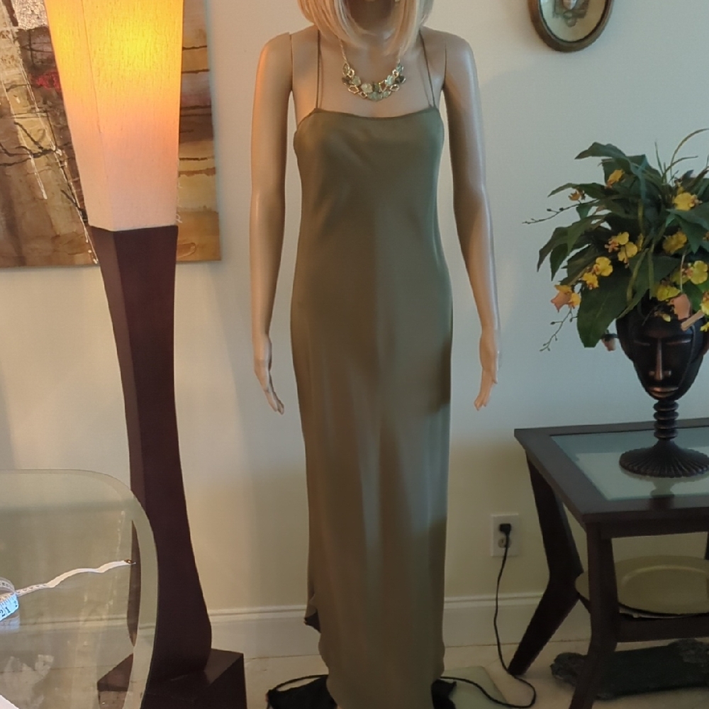 Olive Slip Maxi Dress with Thin Straps - Women's Elegant Maxi